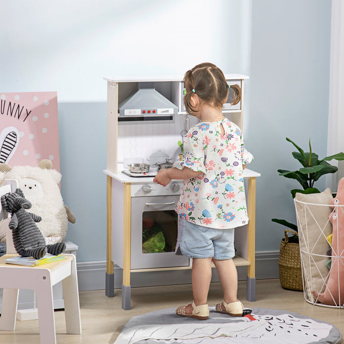 Qaba Wooden Play Kitchen With Realistic Lights Sounds, Adjustable Height Kids Kitchen Playset With M