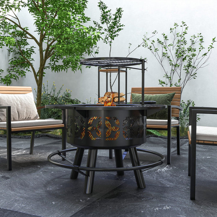 Outsunny Fire Pit Bbq Grill With Grate And Pan, Wood Burning Firepit, Black