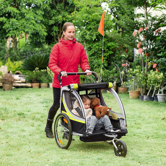 Aosom 2-in-1 Bike Trailer For Kids 2 Seater, Baby Stroller With Brake, Storage Bag, Safety Flag, Ref