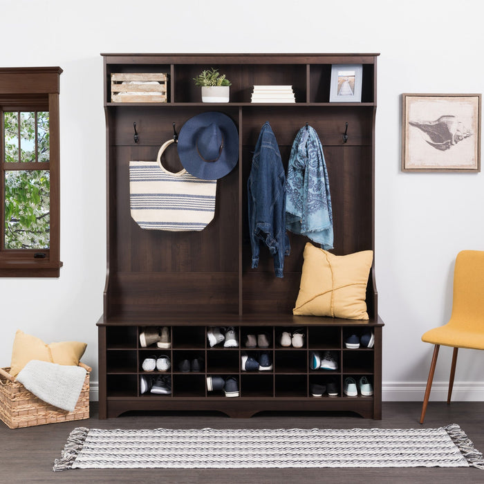 Hall Tree with 24 Shoe Cubbies - Espresso