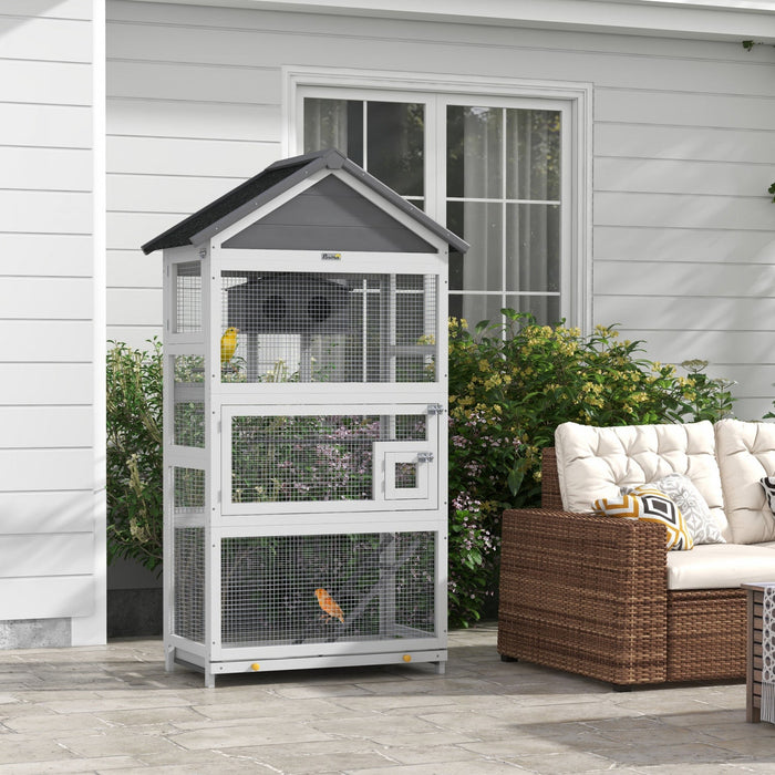 Pawhut Wooden Bird Cage, 67" Parrot Cage With Perches, Bird House, Ladder, Slide-out Tray For Finches, Parakeets, Small Birds, Indoor Outdoor Use, Grey