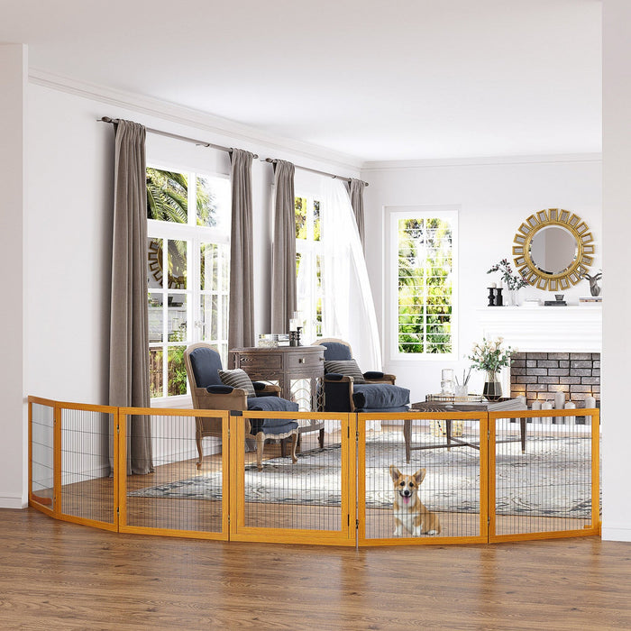 Pawhut Wooden Pet Gate, Dog Safety Barrier, Freestanding Foldable Fence, W/ 6 Panels, 2 Support Feet