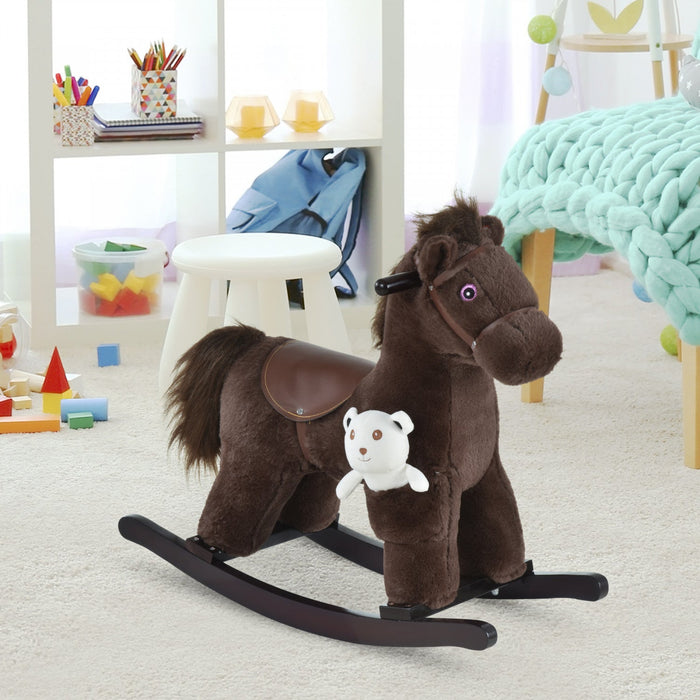 Qaba Kids Plush Ride-on Rocking Horse With Bear Toy, Children Chair With Soft Plush Toy & Fun Realis
