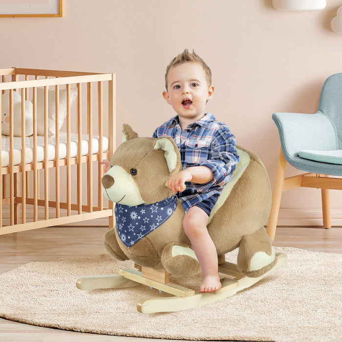 Qaba Rocking Horse, Kids Ride On Horse Bear-theme Soft Plush With Music, Seat Belt, Wooden Base For 
