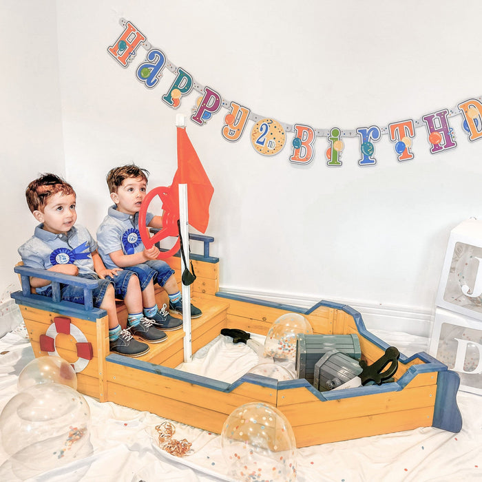 Kids Wooden Sandbox Pirate Ship Sandboat Outdoor Backyard Playset Children Play Station W/ Bench Sea