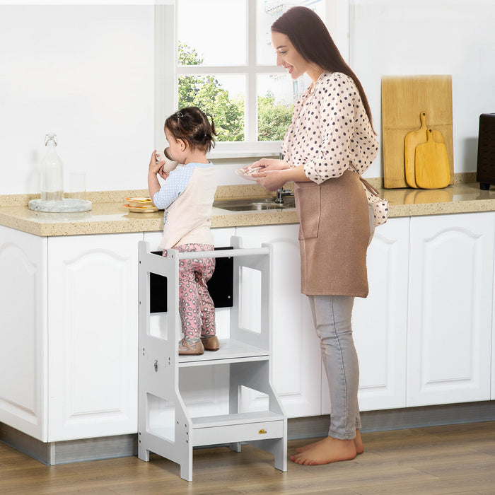 Qaba 2-in-1 Kids Kitchen Helper Step Stool, Detachable Toddler Table And Chair Set, Children Standin