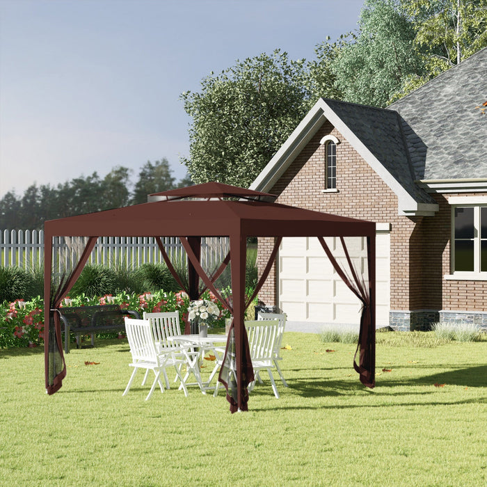 Outsunny 10' X 10' Canopy Tent, Party Tent With Mesh Netting And Double Tier Roof For Backyard, Gard
