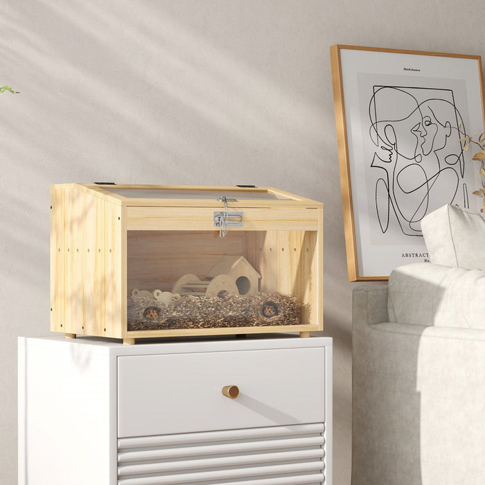 Pawhut 22"l Hamster Cage, Small Animal Cage With Openable Top & Transparent Acrylic Windows, Hamster Enclosure With Hut, Seesaw, Ladder, For Dwarf Hamster, Gerbil, Natural Wood