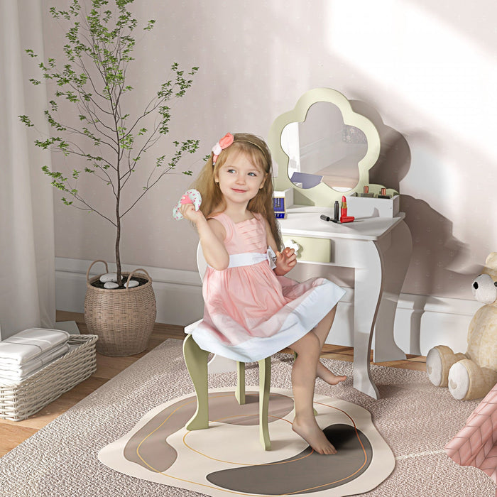 Qaba Kids Vanity Set With Mirror And Stool, Makeup Vanity Table For Children 3-6 Years Old, With Dra