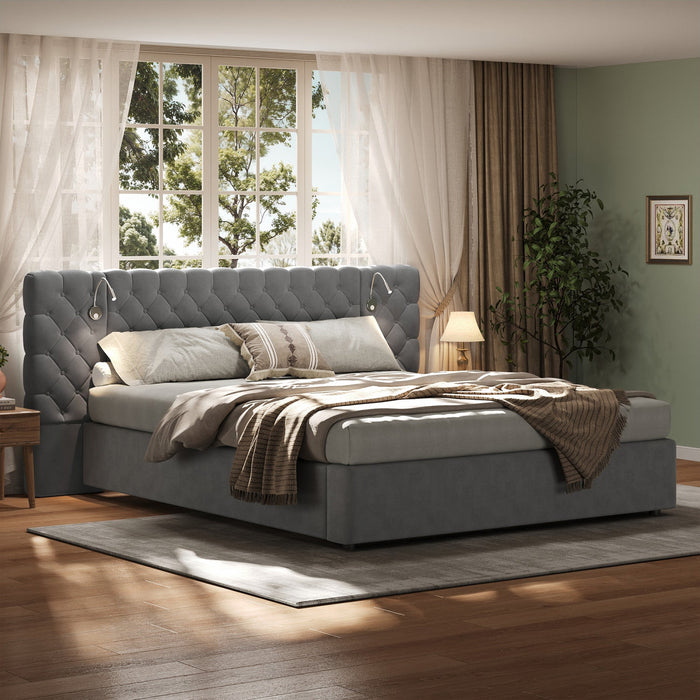 Malcolm Luxury Plush Velvet Upholstered Bed with Diamond Tufted Headboard and Reading Lights,King Size,Grey King Bed  