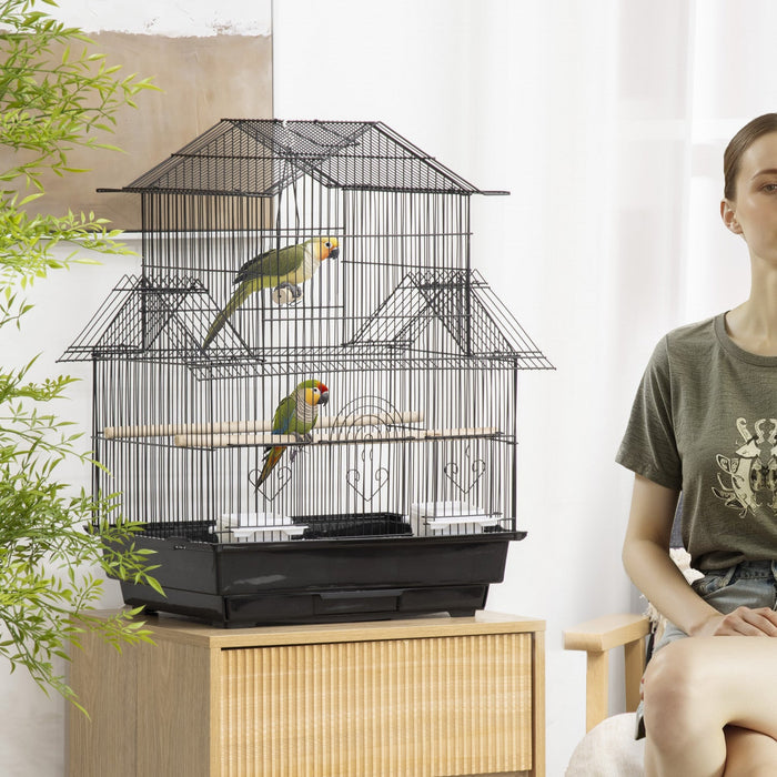 Pawhut 25" Bird Cage For Finches, Canaries, Budgies, Indoor Parrot Cage With Perch, Swing, Food Container, Slide-out Tray, Handle, Black
