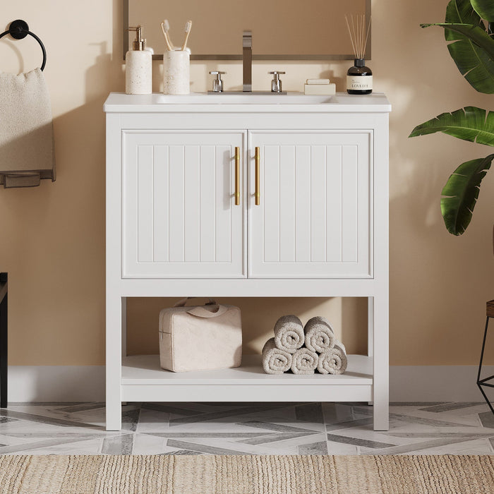 Simona 30\" Solid Wood Bathroom Vanity With Ceramic Sink And Storage - White 
