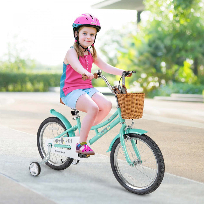 Costway 18" Kids Bike With Height Adjustable Handlebar Seat Basket Bell Training Wheels Green