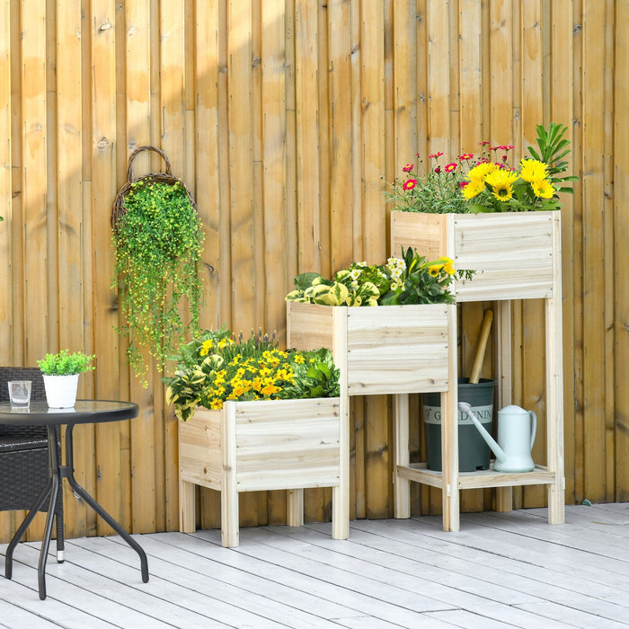 Outsunny 49'' X 18'' X 43'' 3-tier Raised Garden Bed W/ Storage Shelf And Drainage Hole, Wood Elevat