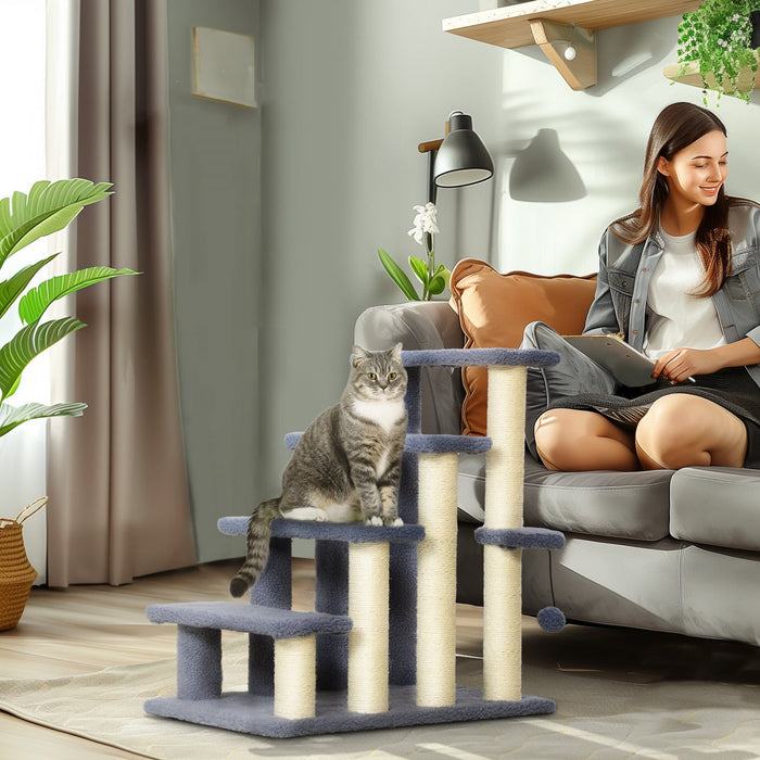 Pawhut Cat Tree, 4 Step Cat Tower Stairs Steps With Cat Scratching Post, Jumping Platform, Toy Ball,