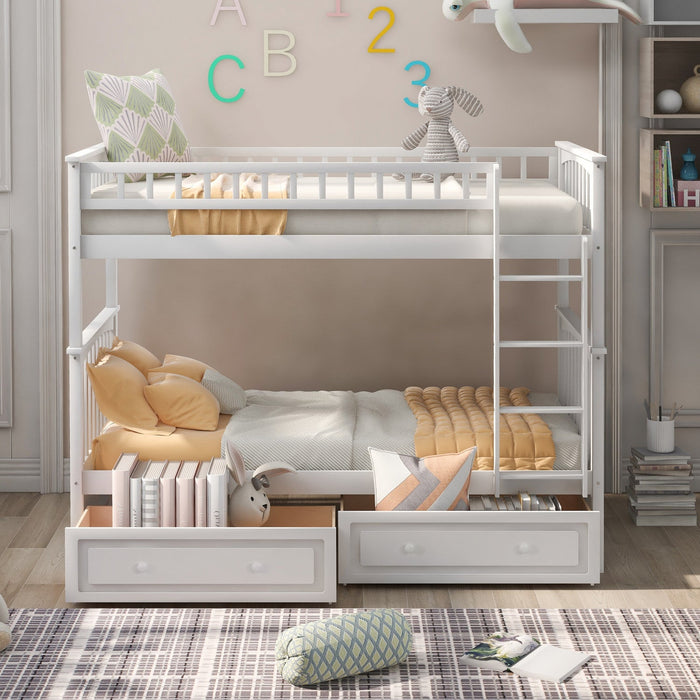 Elvis Solid Wood Convertible Bunk Bed With Drawers, Twin Size - White 