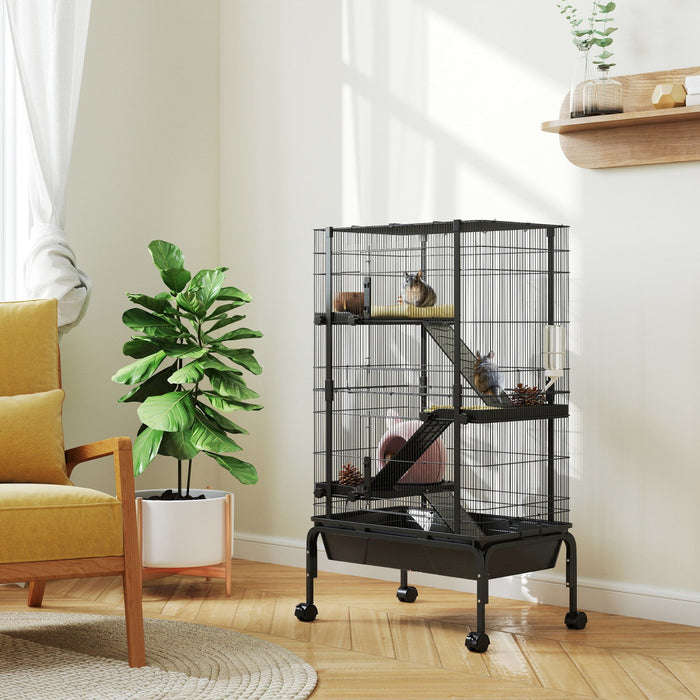 PawHut 47"H Ferret Cage, Large 4-Tier Guinea Pig Cage with Wheels, Ramps, Bowl, Water Bottle & Removable Tray, Metal Small Animal Habitat for Rabbits, Chinchillas, Black