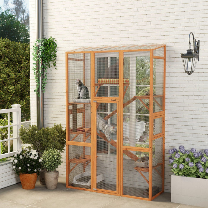 Pawhut Catio Outdoor Cat Enclosure, Large Wooden Cat House With 6 Jumping Platforms, Scratching Post, 2 Ramps, Waterproof Roof, Outdoor Cat Cage For 2-3 Kittens, 64" X 24" X 99"