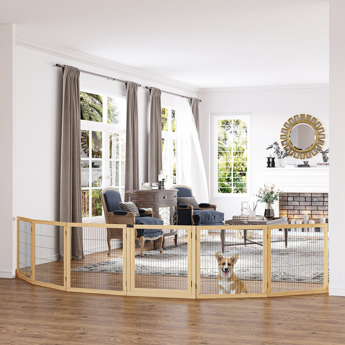 Pawhut Wooden Pet Gate, Dog Safety Barrier, Freestanding Foldable Fence, W/ 6 Panels, 2 Support Feet
