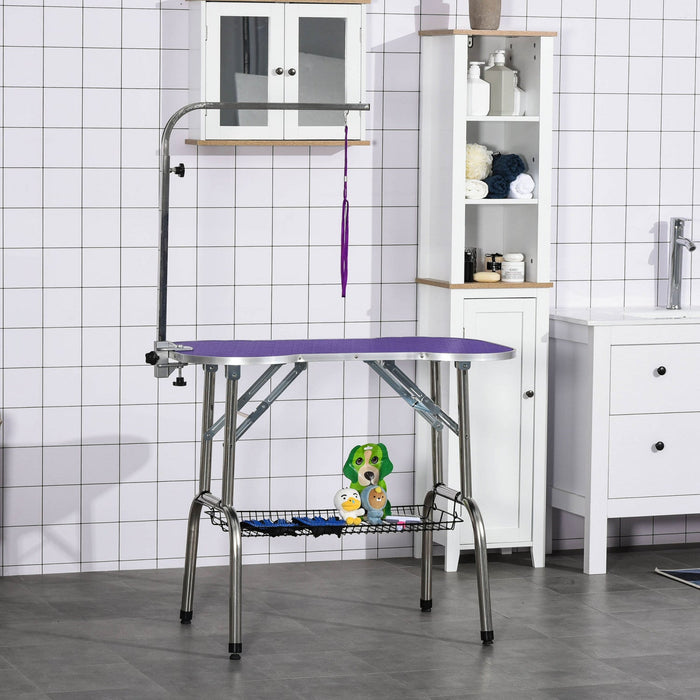 Pawhut 37\" Foldable Pet Grooming Table Dog Drying Table With Adjustable Arm Non-slip Rubber Tabletop