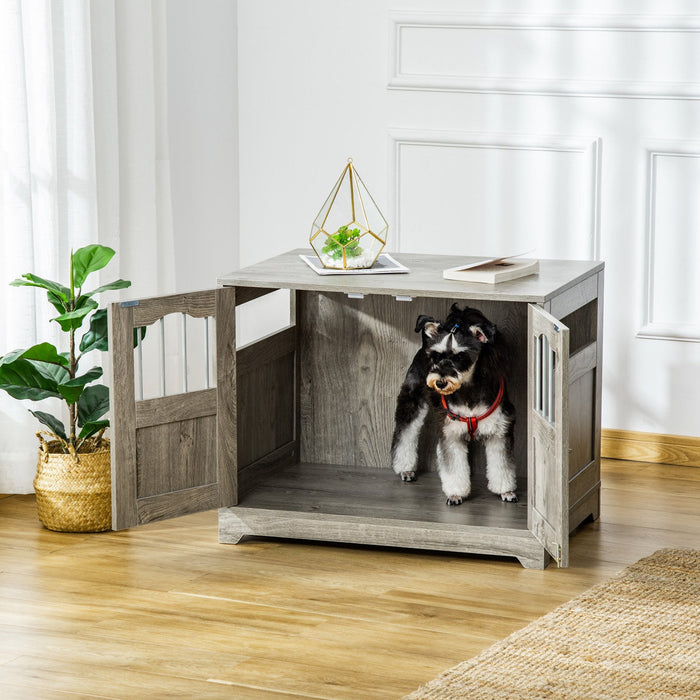 Pawhut 29.5\" Wooden Dog Cage With Windows, End Table Furniture Style, Modern Pet Kennel With Lockabl