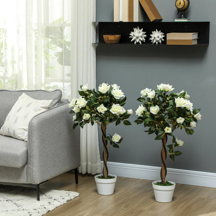 Outsunny Artificial Rose Tree Set of 2 with Realistic Flowers, White
