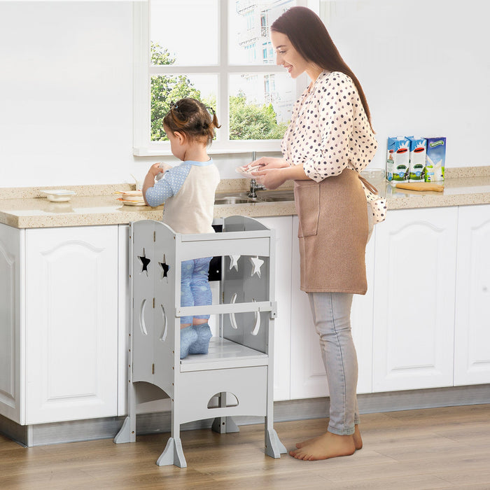 Qaba Kids Kitchen Helper Foldable Step Stool Toddler Kitchen Stool With Blackboard Lockable Handrail