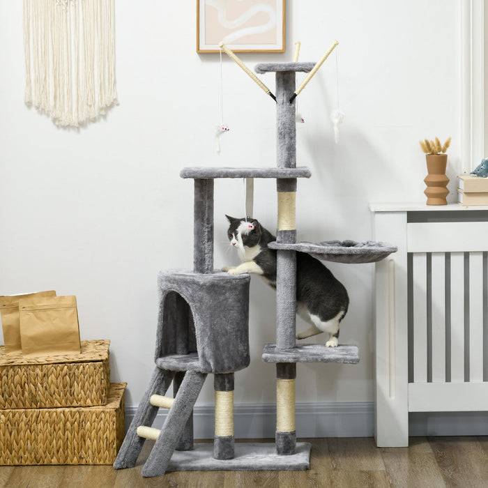 Pawhut 53" Cat Tree, Large Cat Tower With Scratching Posts, Condo, Perches, Ladder, Hammock, Dangling Toys, Multi-level Kitten Activity Centre, Grey