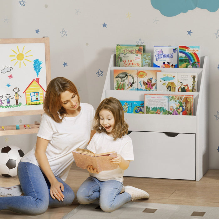 Qaba Kids Bookshelf, Bookcase Toy Storage Organizer With 3 Tier Display Shelves, Drawer, For Nursery, Bedroom, Living Room, Classroom, White