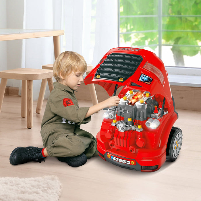 Qaba Kids Truck Engine Toy Set, Educational Car Service Station Kids Tool Set, Take Apart Workshop F