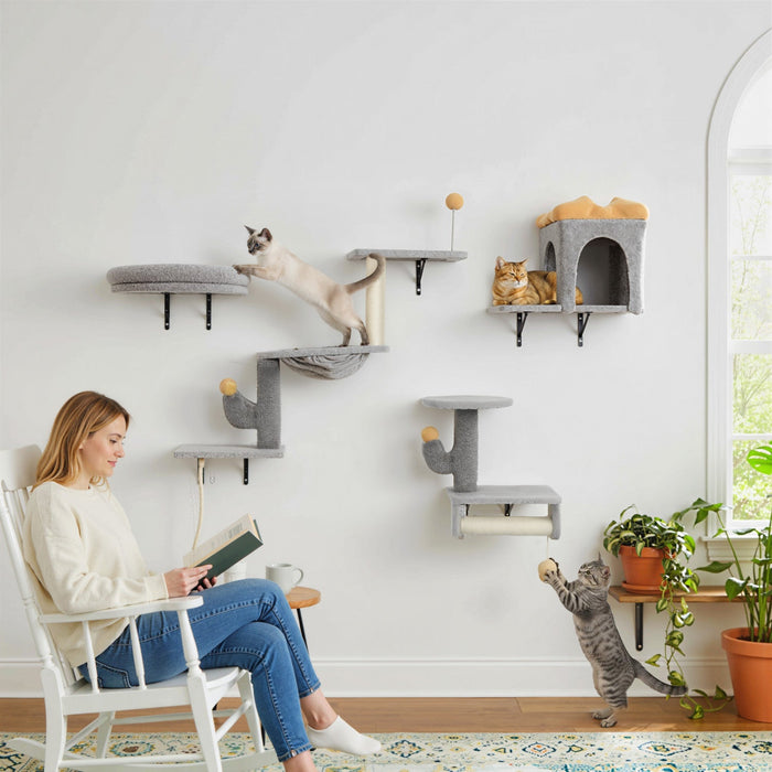 PawHut Cat Wall Shelves, 4 Pcs Cat Wall Furniture Set, Kitty Climber Set with Condo, Scratching Posts, Hammock, Bed, Hanging Pompoms for indoor kittens, Light Grey