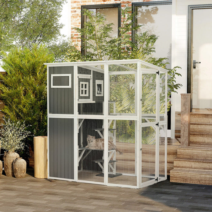 Pawhut Wooden Cat Catio, Outdoor Cat House, Cat Enclosure With Plastic Weather Protection Roof, Mult