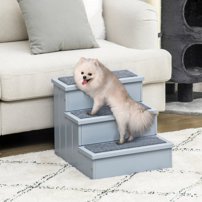 Pawhut Pet Steps 3-step Dog Stairs For Small Dogs Cats And Wooden Ramp With Storage Box Carpet Tread