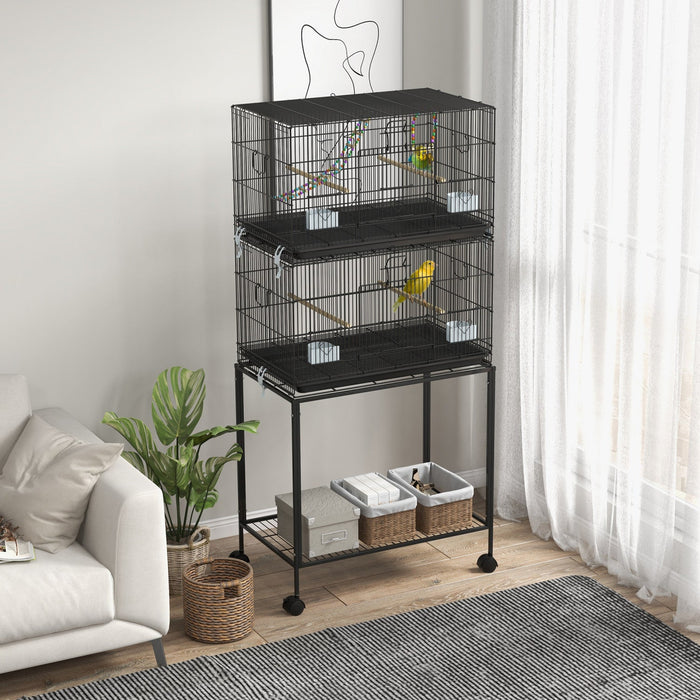 Pawhut Birdcage For Canaries, Lovebirds Finches, Budgie Cage With Wheels, Removable Tray, Bottom Mesh Panel, Wooden Perches, Swing, Ramp, Food Containers, 30" L X 18" W X 65" H