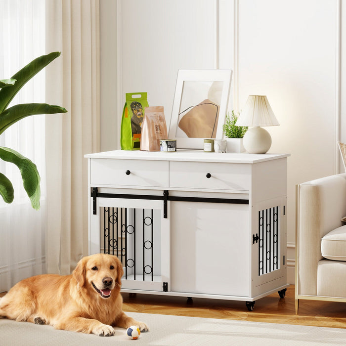 PawHut Dog Crate Furniture, 39" Dog Kennel Indoor with 2 Storage Drawers, Wheels, Sliding Door, Decorative End Side Table Pet House Cage for Medium and Large Breeds, White