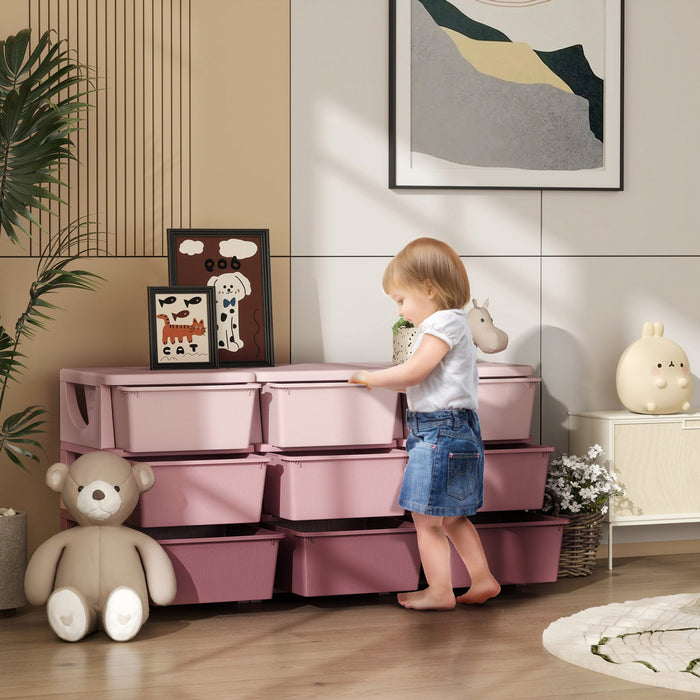 Qaba Kids Toy Storage Organizer With 9 Plastic Bins, 3 Tier Drawer Chest Utility For Kids Bedroom Nursery Kindergarten Living Room For Boys Girls Toddlers, Pink