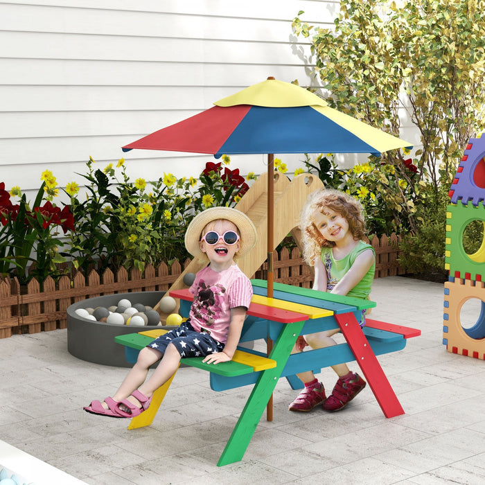 Outsunny Kids Picnic Table Bench Set With Removable Umbrella, Outdoor Wooden Kids Table And Chair Se