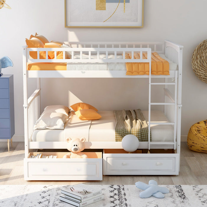 Brady Solid Wood Convertible Full Bunk Bed With Drawers - White Lit Superpose Convertible Brady En Bois Massif, Taille Double, Avec Tiroirs - Blanc