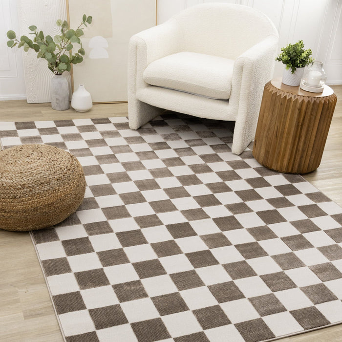 Leopold Checkered Brown White Geometric Area Rug - 2'7\" x 4'11\"
