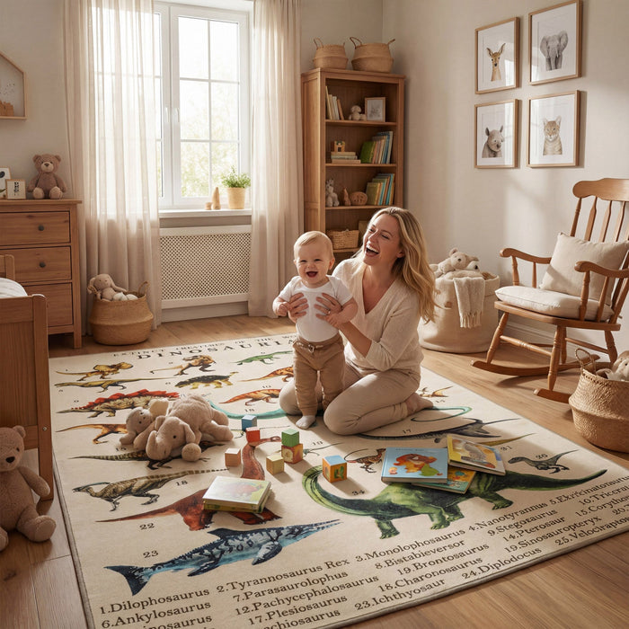 Qaba Large Play Mat, 79" x 59" Educational Polyester Crawling Mat, Non-Slip Nursery Rug, Rolls Up for Storage, for Toddlers, Living Room and Bedroom with Dinosaur Pattern, Khaki