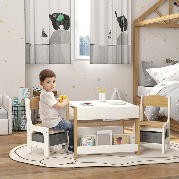 Qaba 3 Piece Kids Table And Chair Set, 2 In 1 Toddler Table And Chair Set With Reversible Tabletop, 