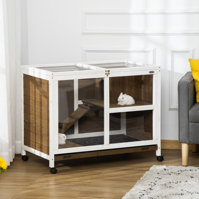 Pawhut Indoor Rabbit Hutch With Wheels, Bunny Cage Guinea Pig House Small Animals Habitat W/ Top Acc