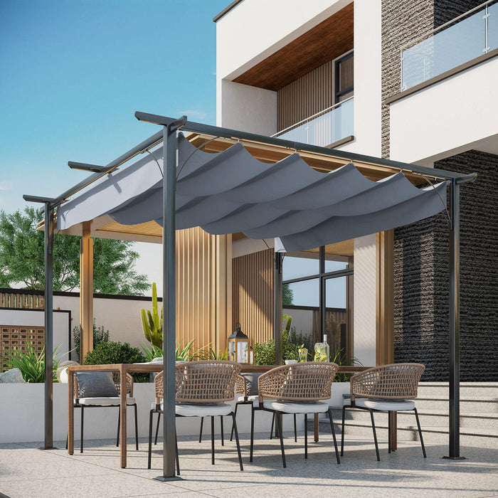 Outsunny 10' X 10' Outdoor Retractable Pergola Canopy, Metal Patio Shade Shelter For Backyard, Porch