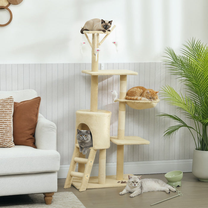 PawHut Cat Tree, 53" Cat Tower for Indoor Kittens with Sisal Scratching Posts, Plush Perches, Condo, Hammock, Ladder, Dangling Toys, Multi-Level Kitty Activity Centre, Beige