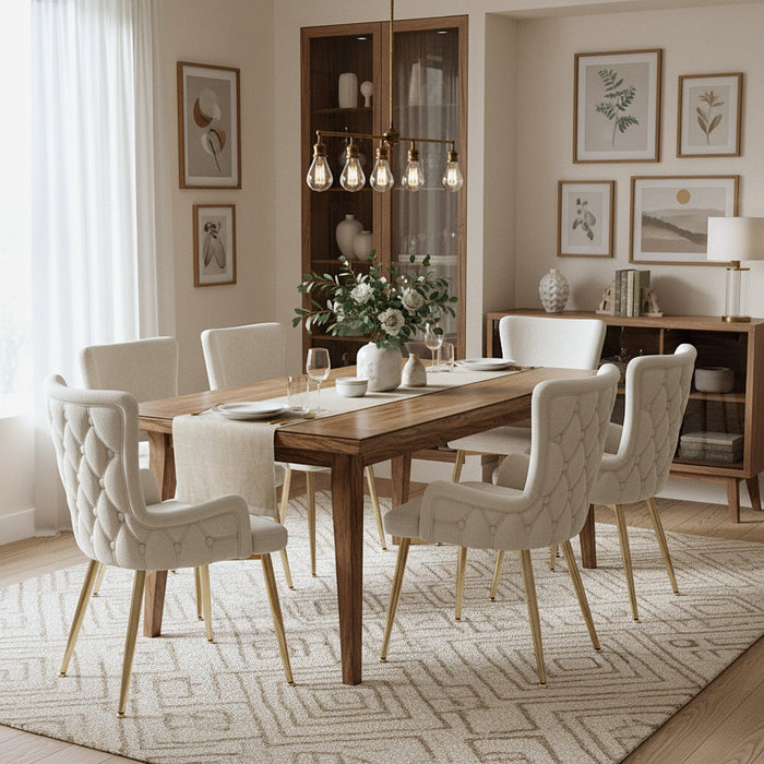 Luna Velvet Dining Chairs with Tufted Upholstered and Gold Metal Legs Set of 6, Beige  