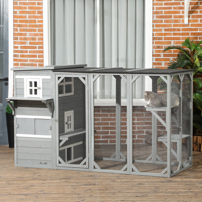 Pawhut Wooden Cat Catio, 76\"l Walk In Outdoor Cat House With Asphalt Roof, Platforms, Lockable Doors