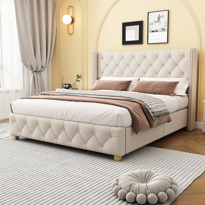 Haley Linen Upholstered Platform Bed with Classic Wingback Headboard and Diamond Tufted Upholstery,Full Size,Beige Full Bed  