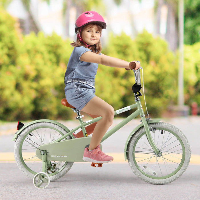 Costway 18" Kids Bike With Adjustable Saddle Handlebar Removable Training Wheels Handbrake Green