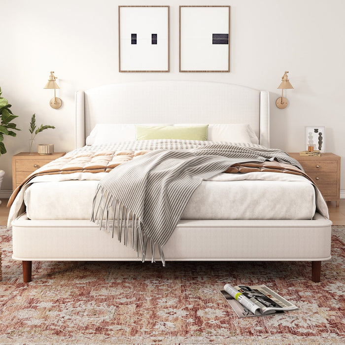 Ellison Fabric Upholstered Platform Bed with Wingback Headboard and Wooden Slat,King Size - Beige 