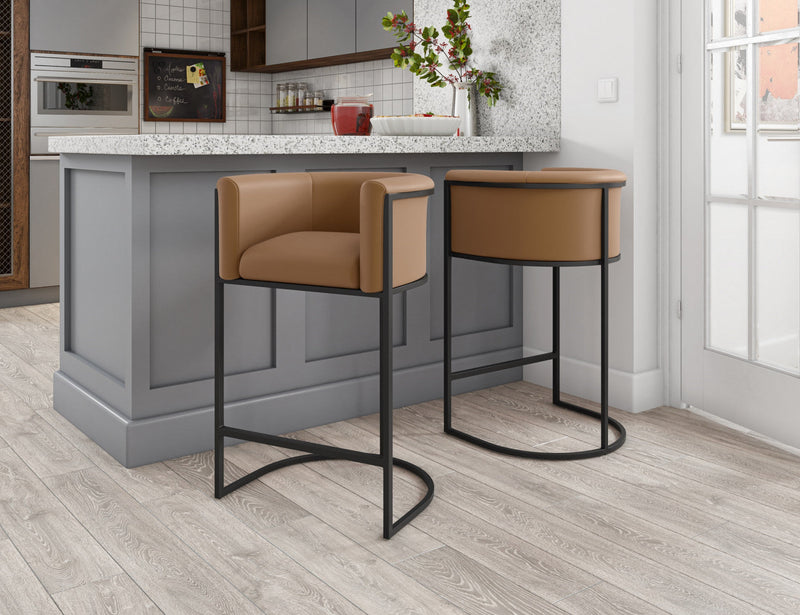 Cosmopolitan Mid-Century Modern Metal Upholstered Counter Stool in Camel - Set of 3 Bar Stool 